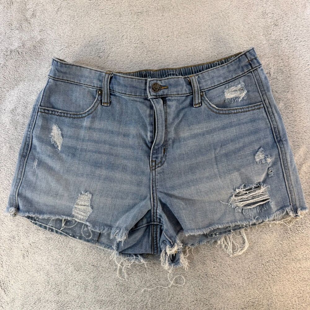Aerie Women's Distressed Denim Shorts Medium Light Wash Raw Hem Stretch Pull On